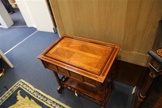 A Victorian Gillow walnut and marquetry work table, c.1865-70, the design attributed to Charles Bevan, W.2ft 4in.